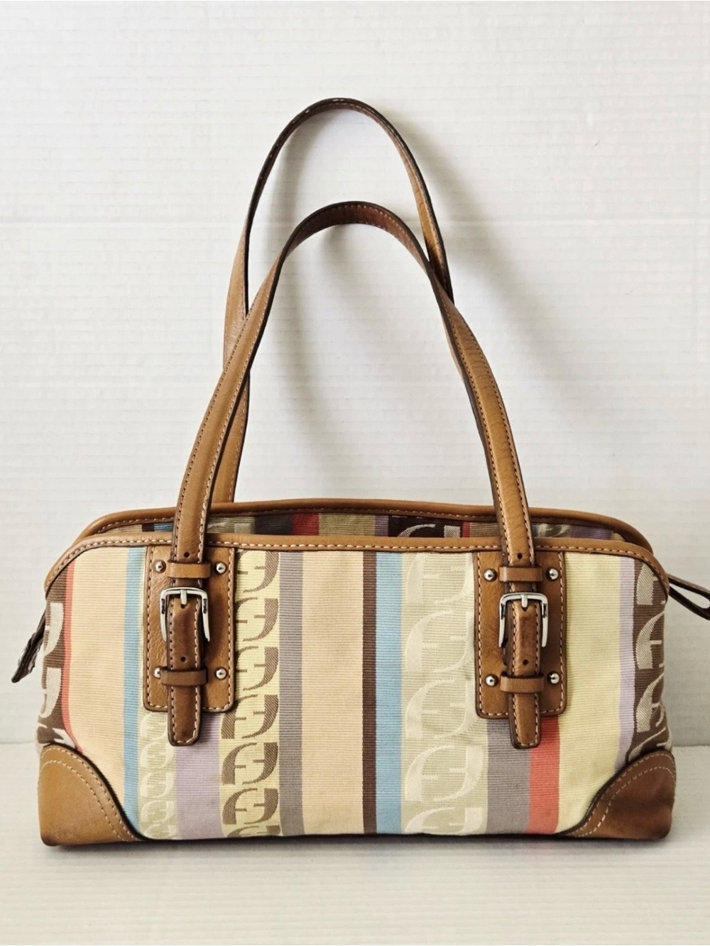 FOSSIL Signature Satchel Handbag Purse Patchwork Stripe  Leather